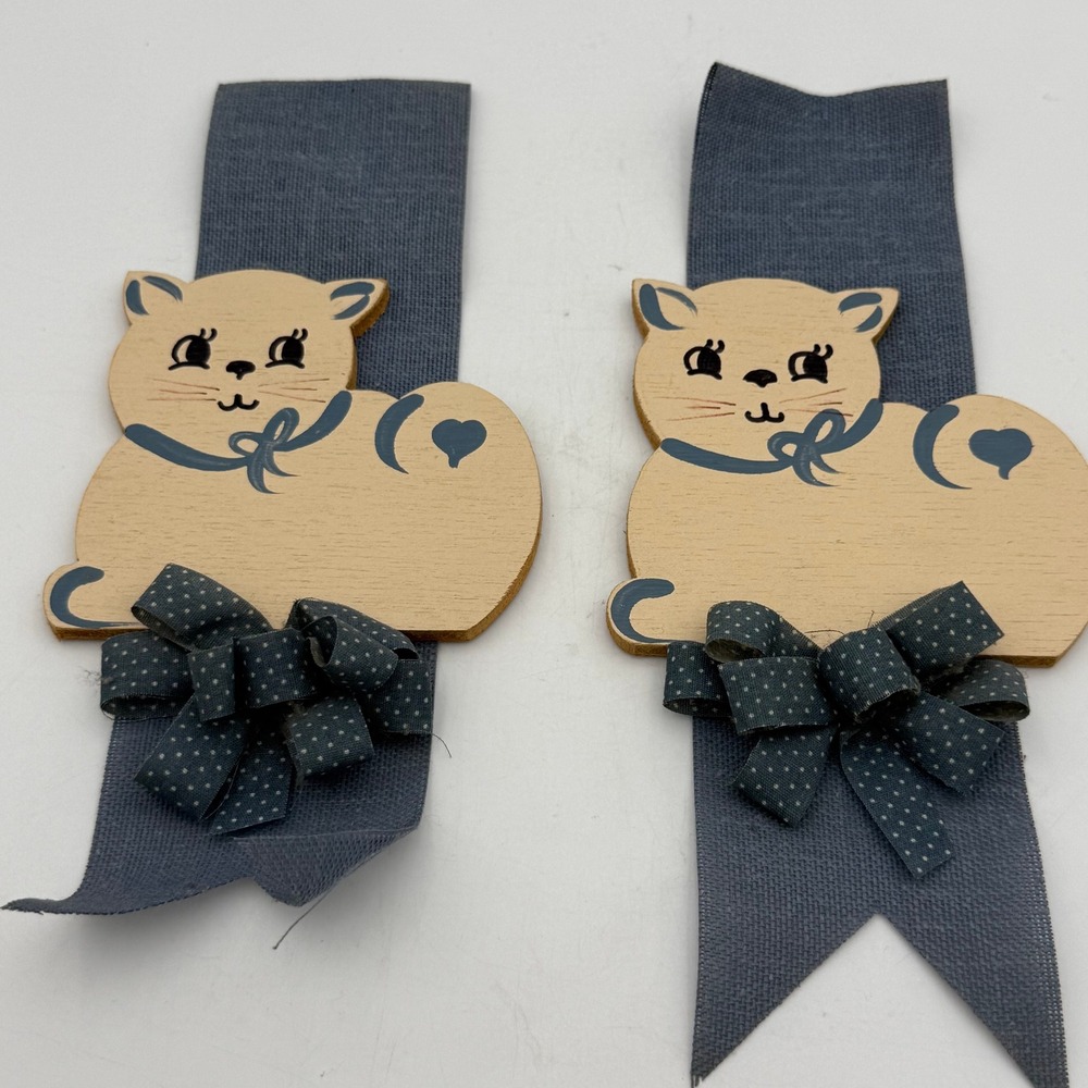 Vintage Wooden Cat Ribbon Wall Decor Set of 2 Blue Polka Dot Bow Kitschy Nursery